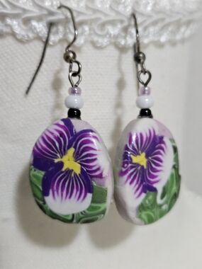 Hand Crafted Purple Floral Dangle Earrings with Green Accents